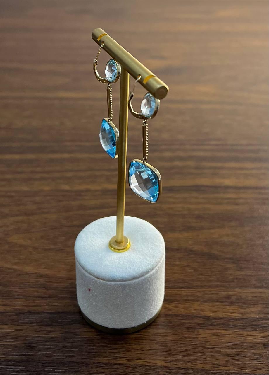 Round Cushion Shape Blue Topaz Diamonds Drop 14K Gold Statement Earrings