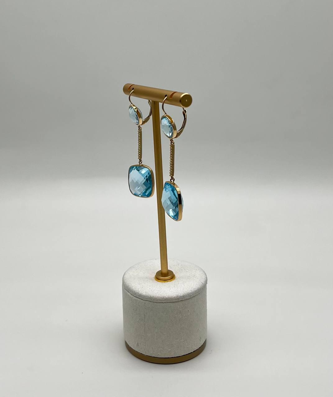 Round Cushion Shape Blue Topaz Diamonds Drop 14K Gold Statement Earrings