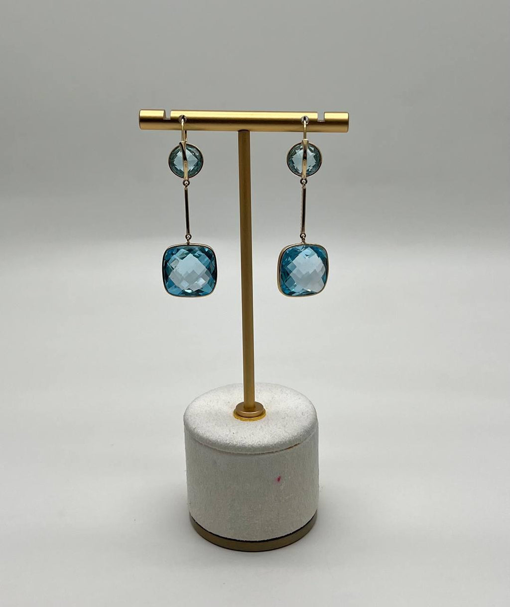 Round Cushion Shape Blue Topaz Diamonds Drop 14K Gold Statement Earrings