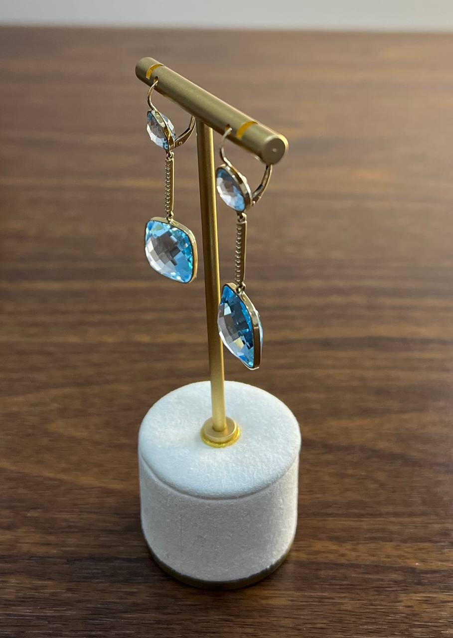 Round Cushion Shape Blue Topaz Diamonds Drop 14K Gold Statement Earrings