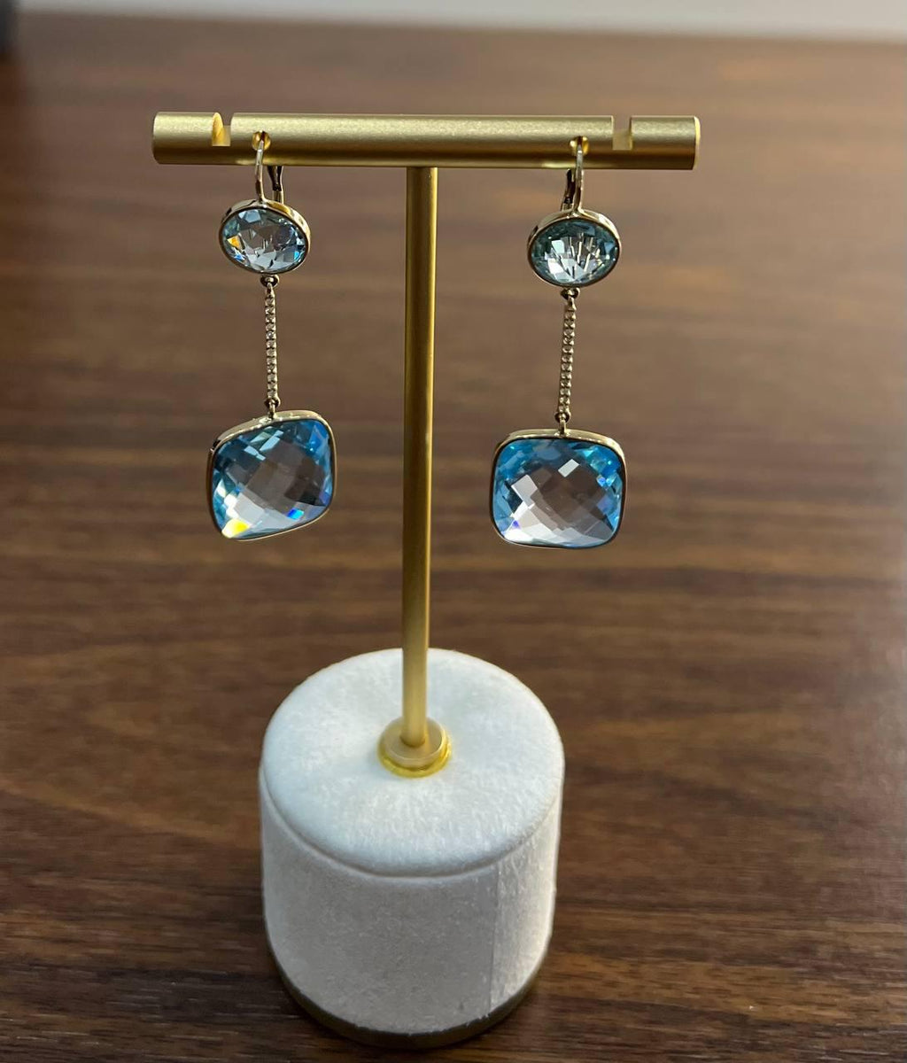 Round Cushion Shape Blue Topaz Diamonds Drop 14K Gold Statement Earrings