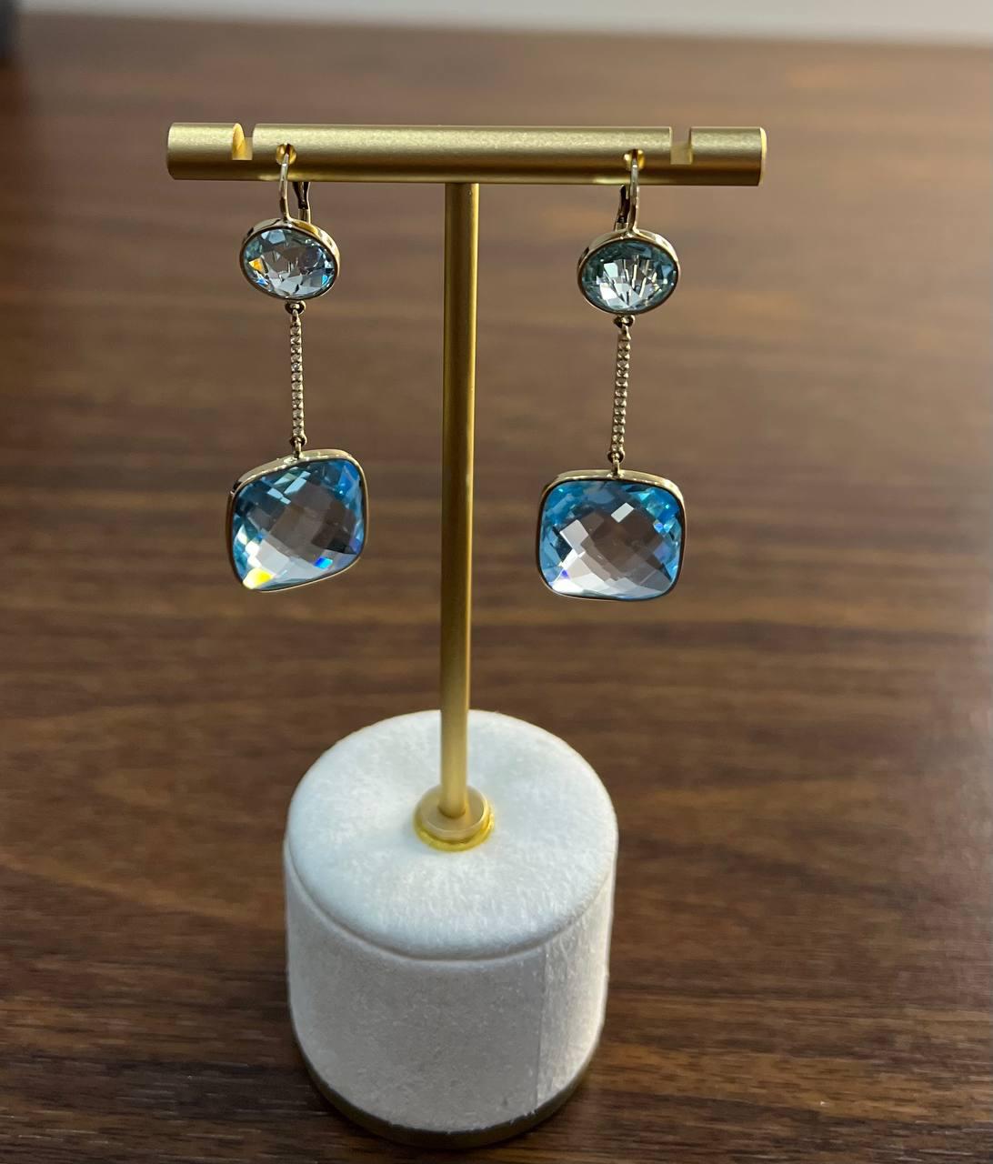 Round Cushion Shape Blue Topaz Diamonds Drop 14K Gold Statement Earrings