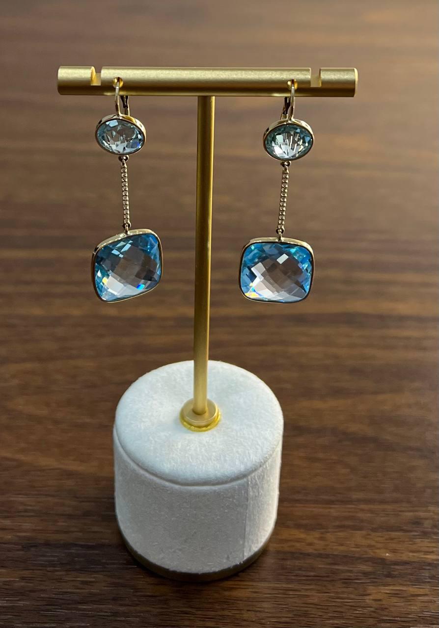 Round Cushion Shape Blue Topaz Diamonds Drop 14K Gold Statement Earrings