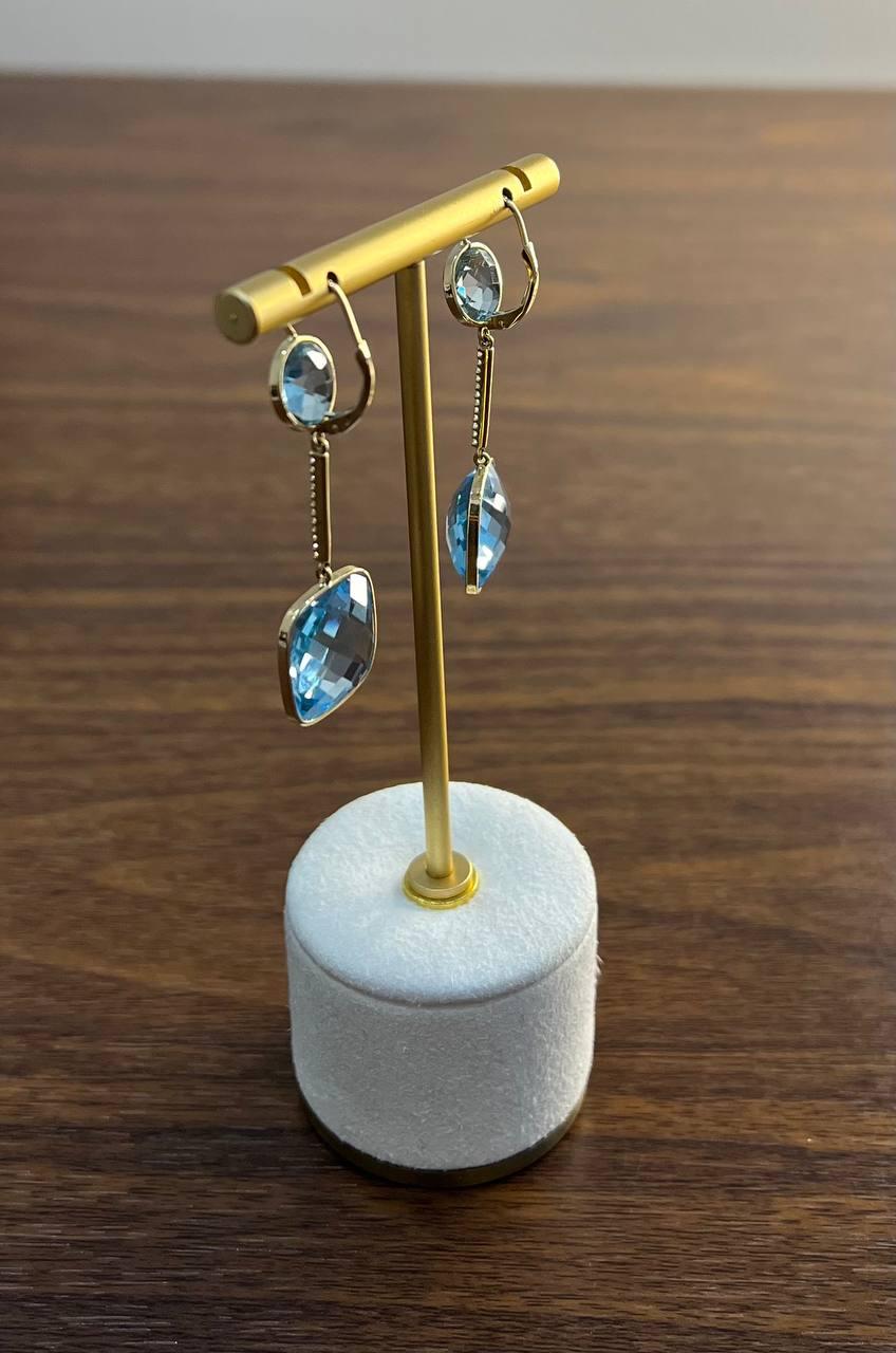 Round Cushion Shape Blue Topaz Diamonds Drop 14K Gold Statement Earrings