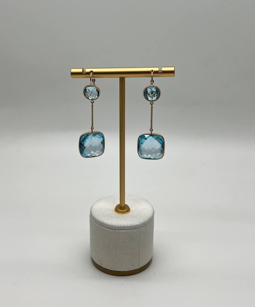 Round Cushion Shape Blue Topaz Diamonds Drop 14K Gold Statement Earrings