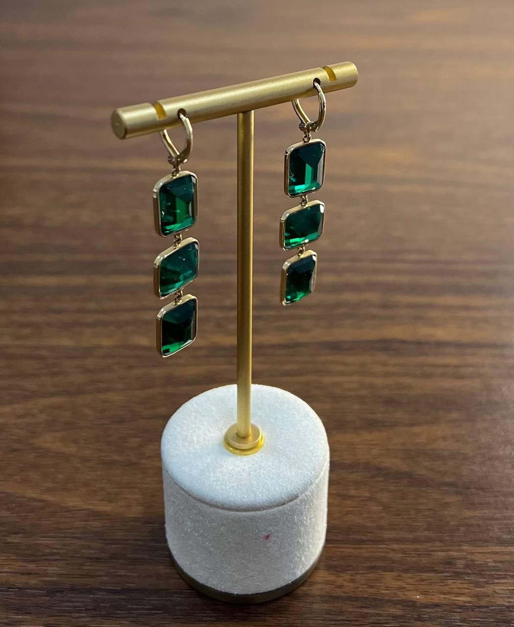 Square Green Emerald Doublet 14K Yellow Gold Drop Statement Dangling Earrings