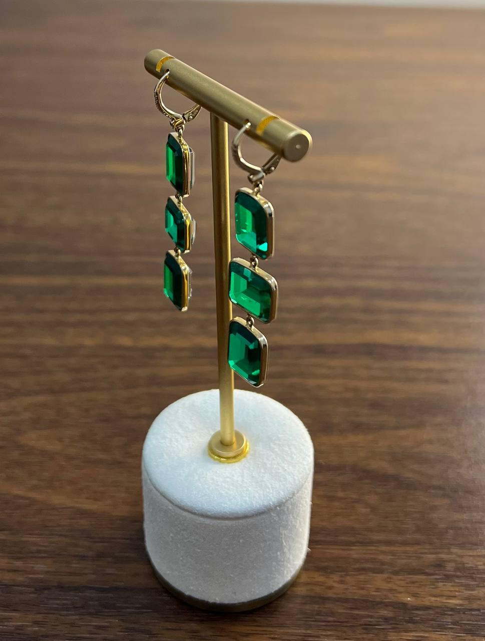 Square Green Emerald Doublet 14K Yellow Gold Drop Statement Dangling Earrings
