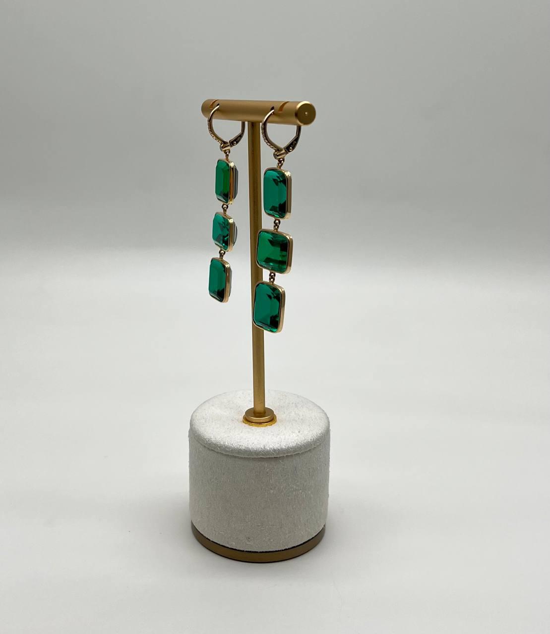Square Green Emerald Doublet 14K Yellow Gold Drop Statement Dangling Earrings