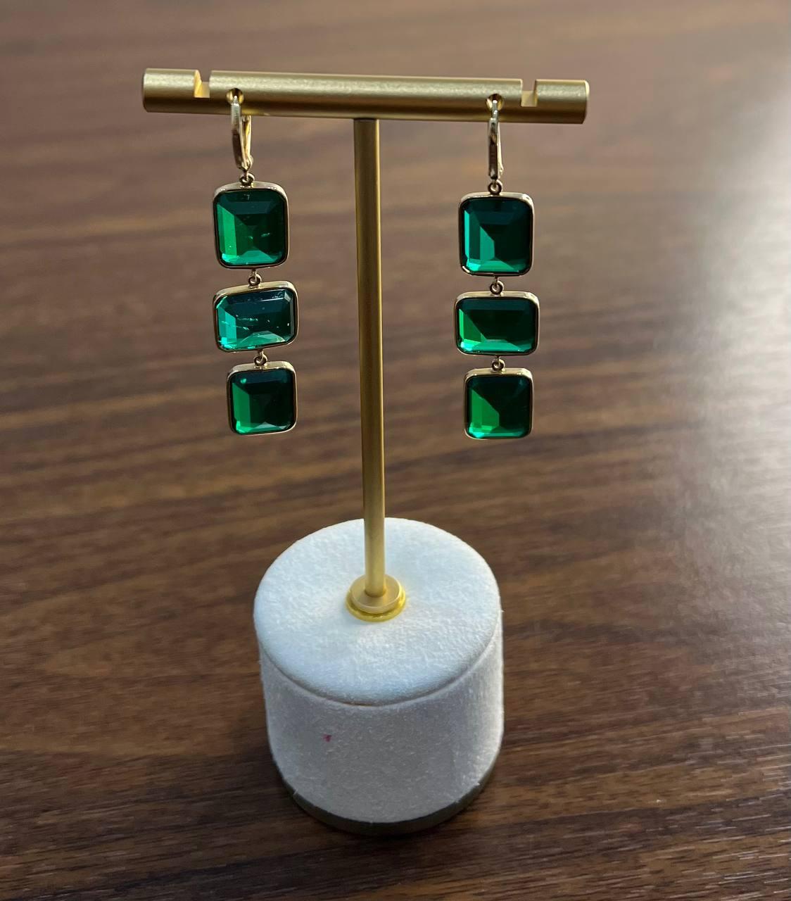 Square Green Emerald Doublet 14K Yellow Gold Drop Statement Dangling Earrings
