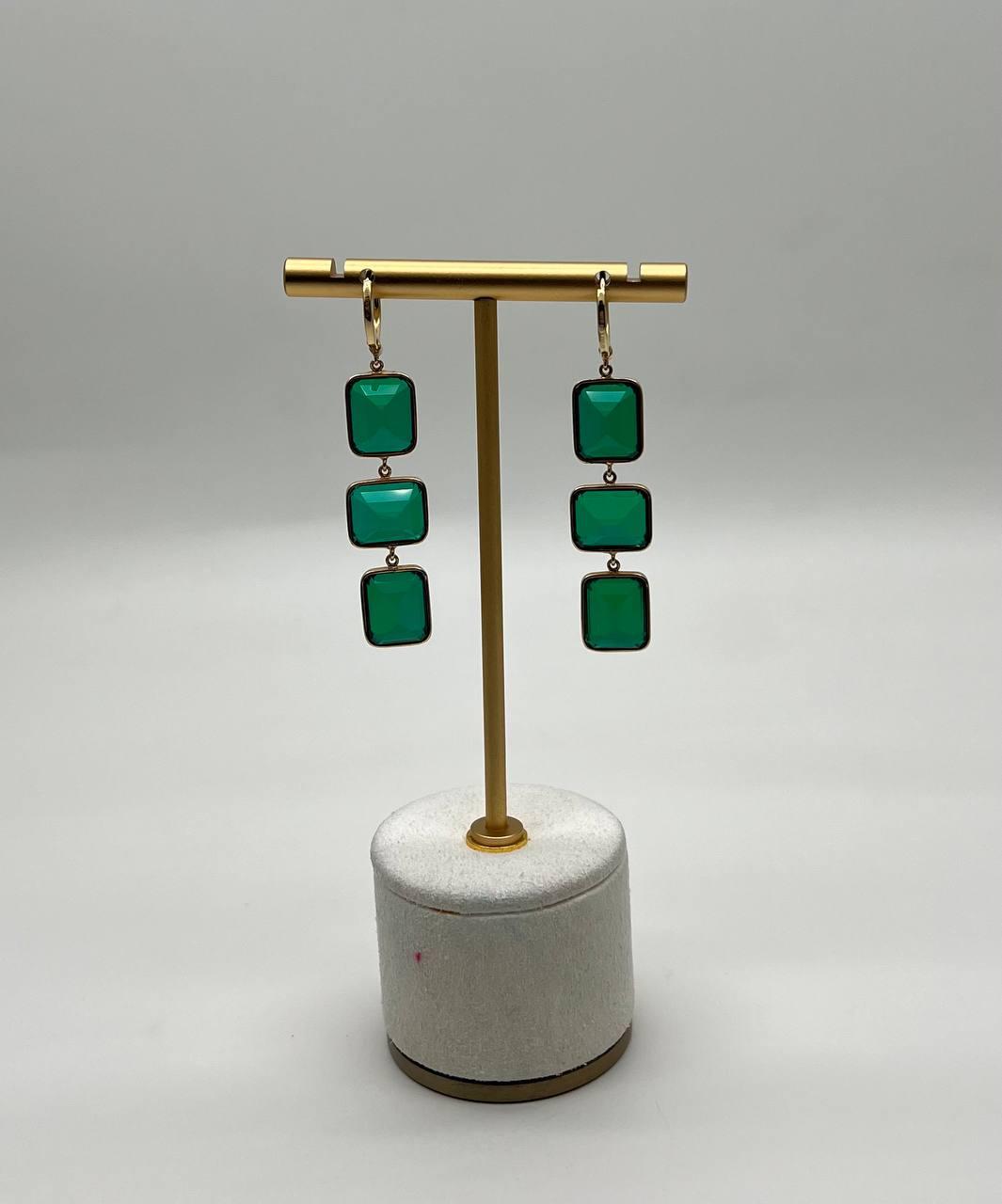 Square Green Emerald Doublet 14K Yellow Gold Drop Statement Dangling Earrings