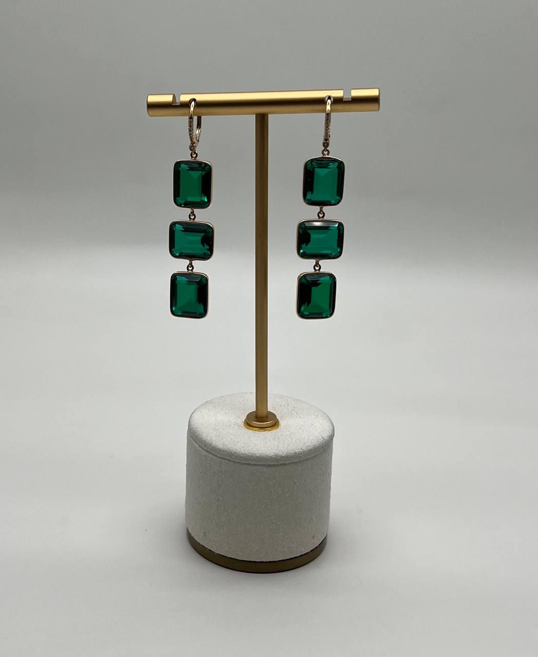 Square Green Emerald Doublet 14K Yellow Gold Drop Statement Dangling Earrings