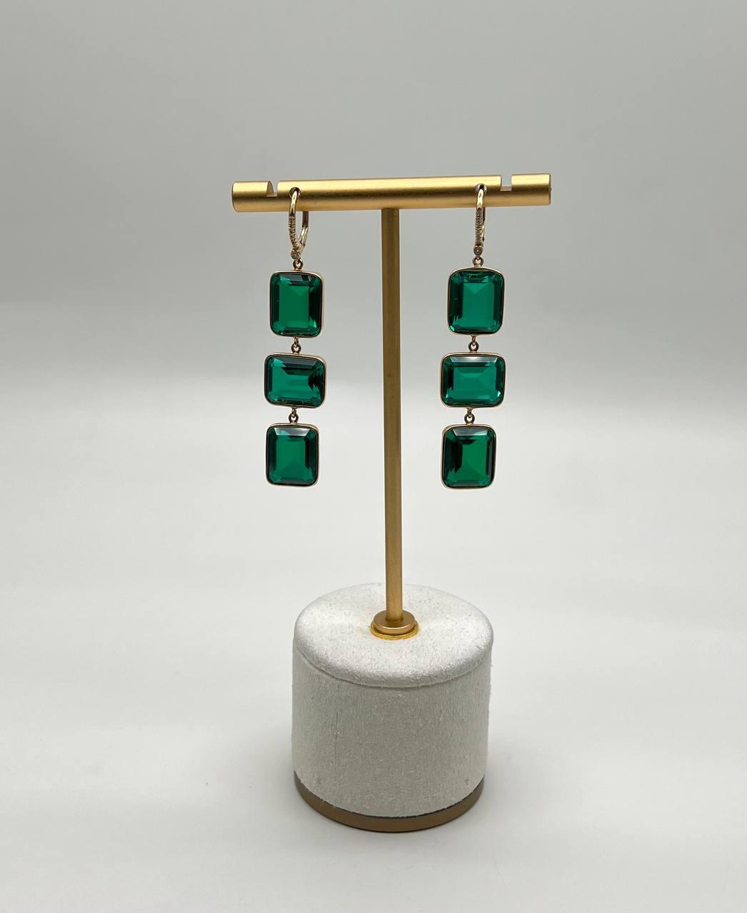 Square Green Emerald Doublet 14K Yellow Gold Drop Statement Dangling Earrings