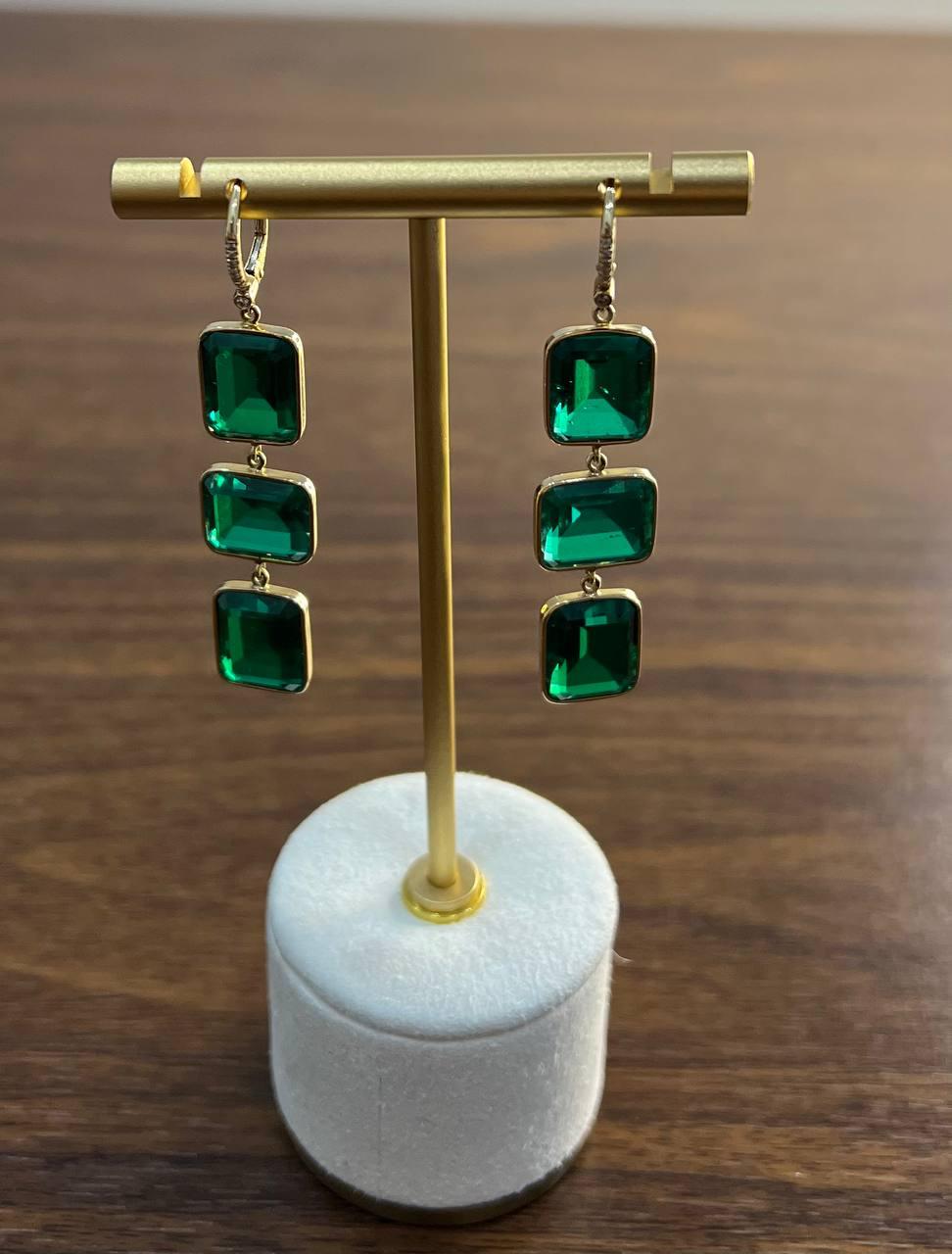 Square Green Emerald Doublet 14K Yellow Gold Drop Statement Dangling Earrings