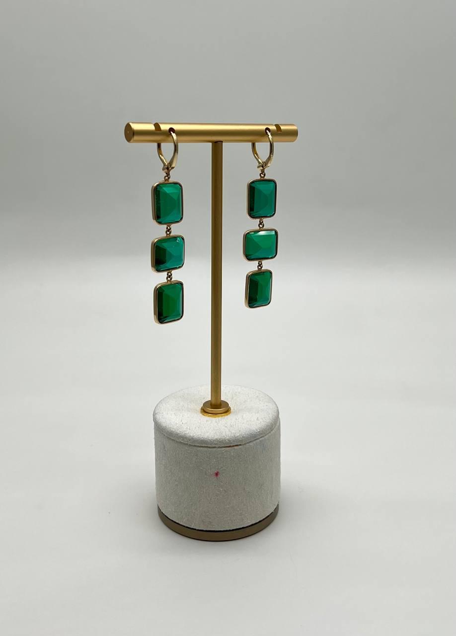 Square Green Emerald Doublet 14K Yellow Gold Drop Statement Dangling Earrings