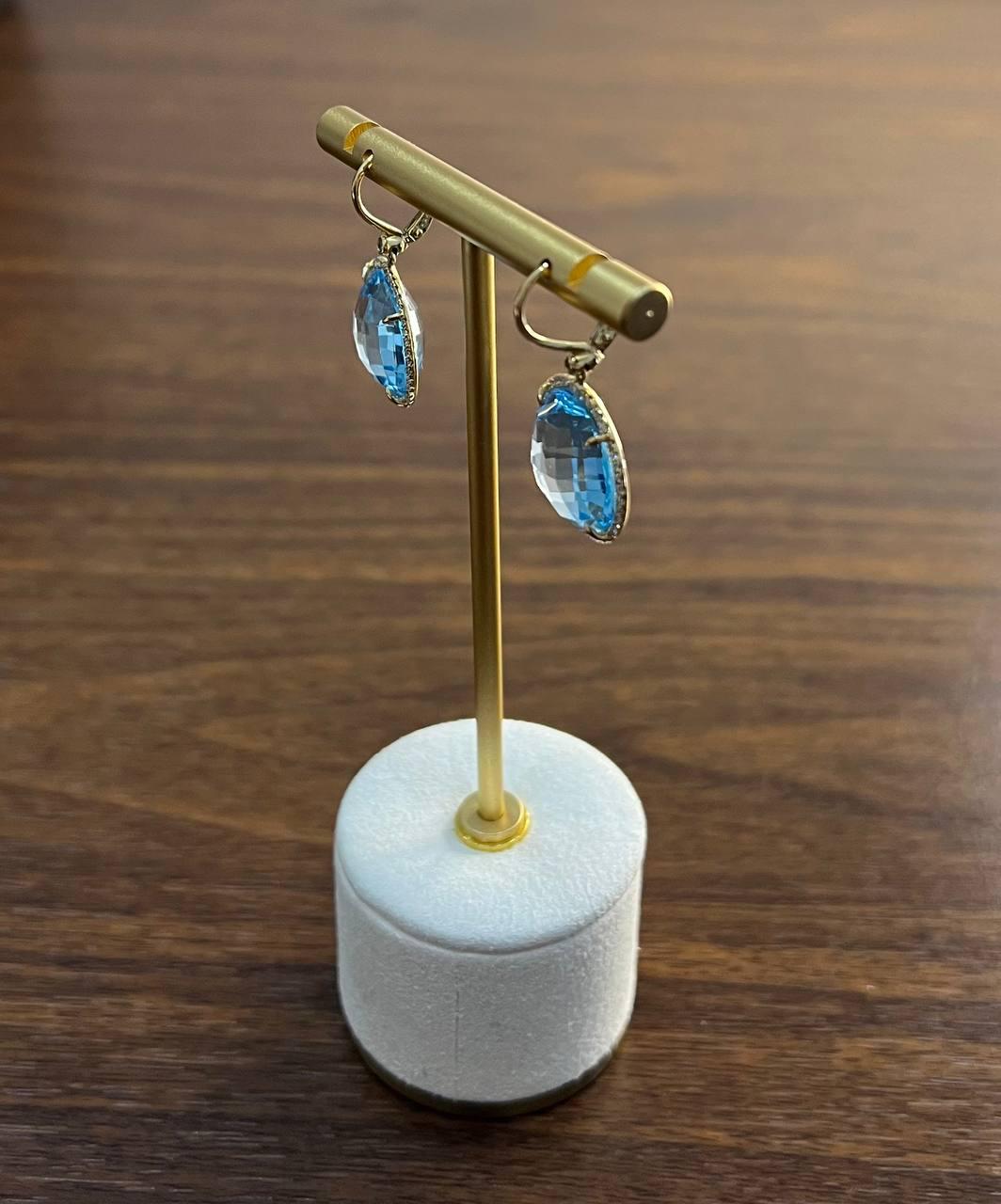 Round Shape Faceted Cut Blue Topaz Diamonds Drop 14K Gold Statement Earrings