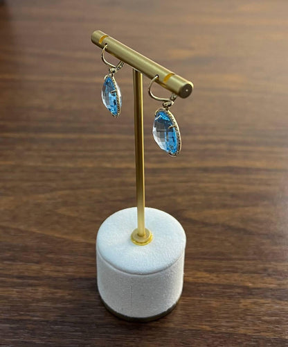 Round Shape Faceted Cut Blue Topaz Diamonds Drop 14K Gold Statement Earrings