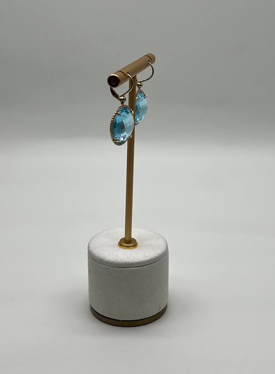 Round Shape Faceted Cut Blue Topaz Diamonds Drop 14K Gold Statement Earrings