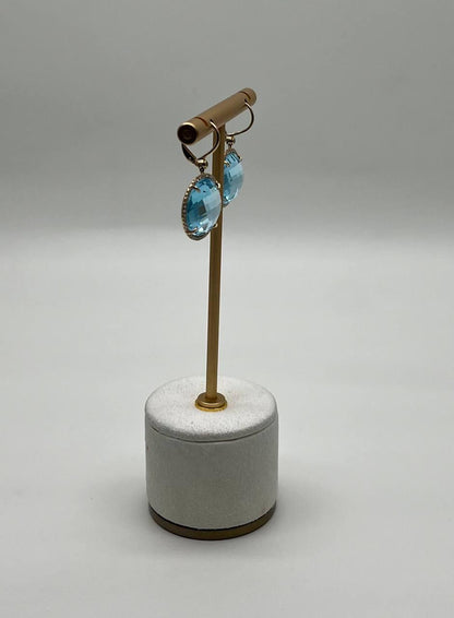 Round Shape Faceted Cut Blue Topaz Diamonds Drop 14K Gold Statement Earrings