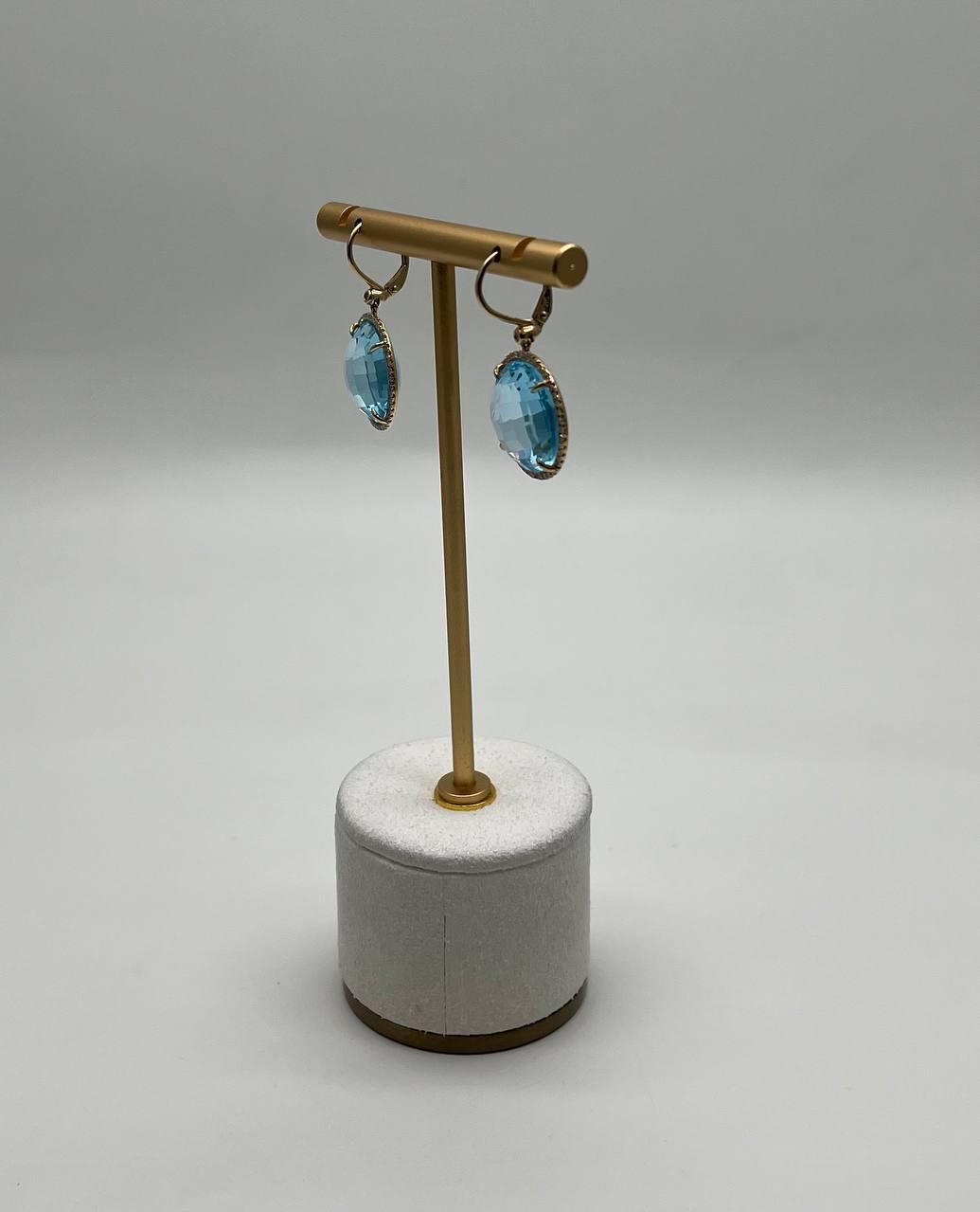 Round Shape Faceted Cut Blue Topaz Diamonds Drop 14K Gold Statement Earrings