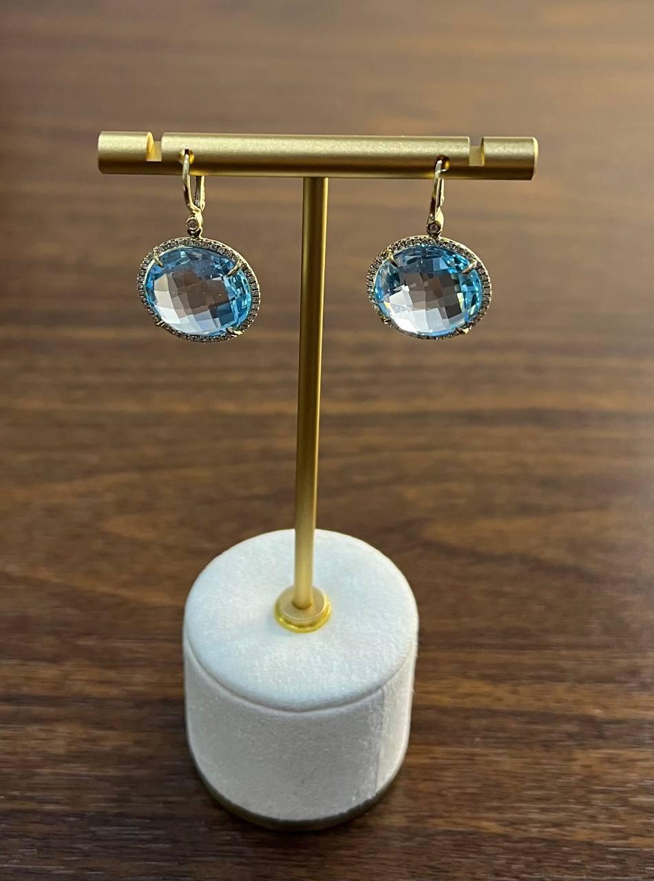 Round Shape Faceted Cut Blue Topaz Diamonds Drop 14K Gold Statement Earrings