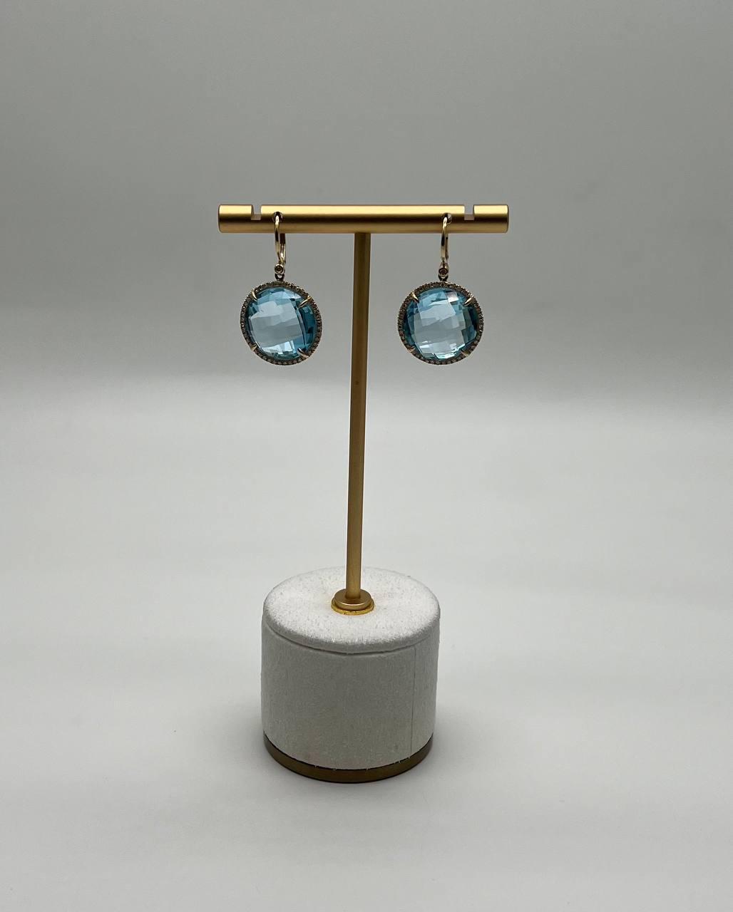 Round Shape Faceted Cut Blue Topaz Diamonds Drop 14K Gold Statement Earrings