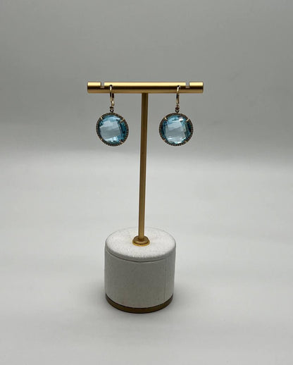 Round Shape Faceted Cut Blue Topaz Diamonds Drop 14K Gold Statement Earrings