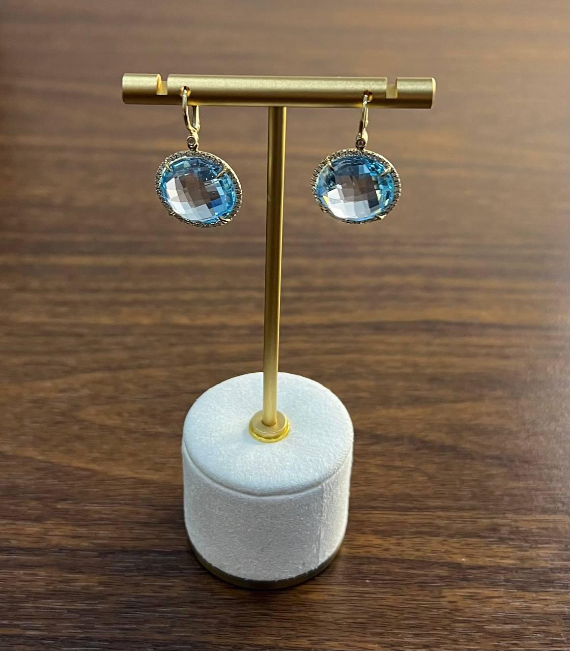 Round Shape Faceted Cut Blue Topaz Diamonds Drop 14K Gold Statement Earrings