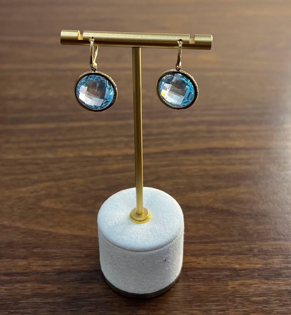 Round Shape Faceted Cut Blue Topaz Diamonds Drop 14K Gold Statement Earrings