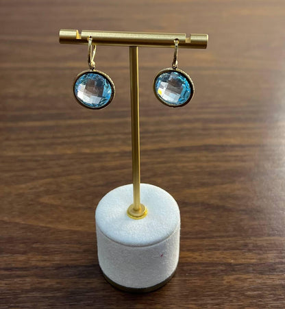 Round Shape Faceted Cut Blue Topaz Diamonds Drop 14K Gold Statement Earrings