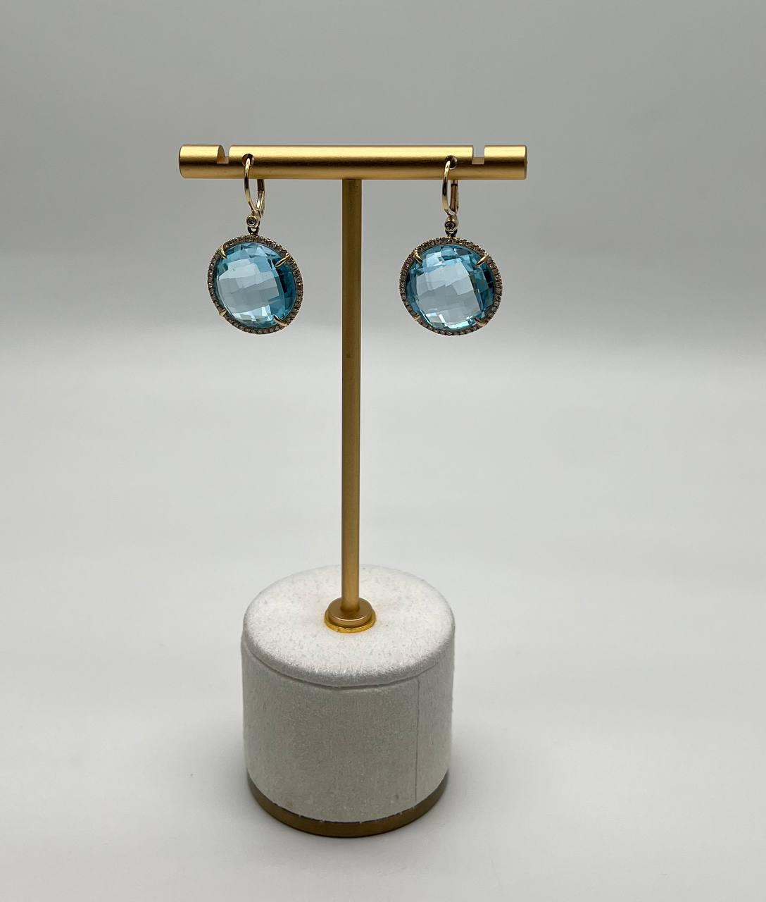 Round Shape Faceted Cut Blue Topaz Diamonds Drop 14K Gold Statement Earrings
