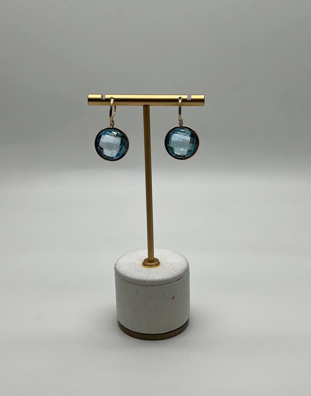 round shape faceted cut blue topaz diamonds drop 14k gold statement earrings
