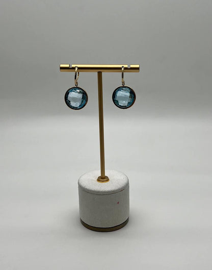 Round Shape Faceted Cut Blue Topaz Diamonds Drop 14K Gold Statement Earrings