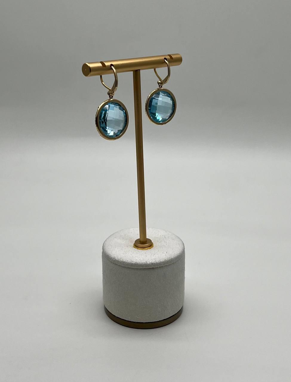 Round Shape Faceted Cut Blue Topaz Diamonds Drop 14K Gold Statement Earrings