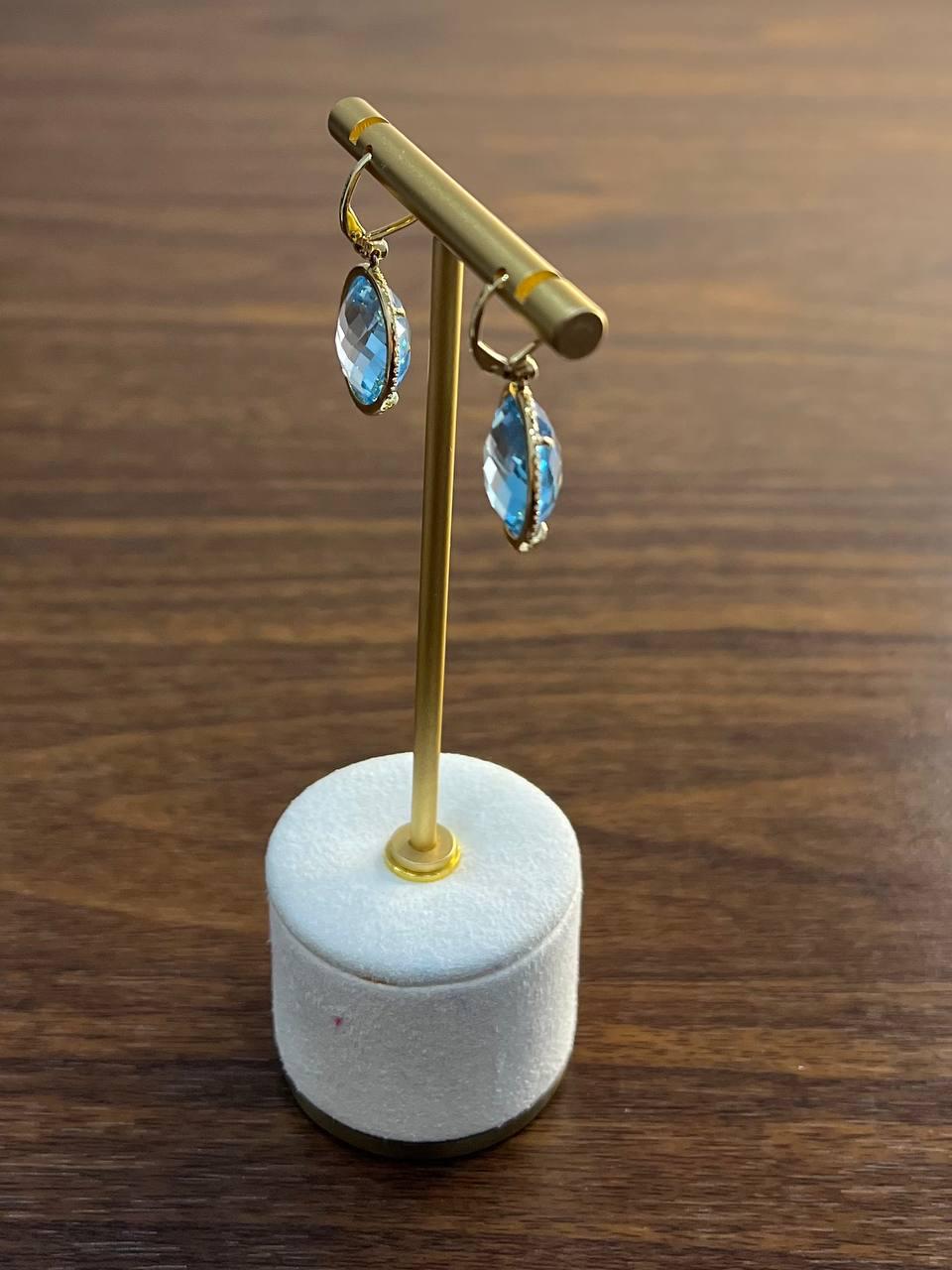Round Shape Faceted Cut Blue Topaz Diamonds Drop 14K Gold Statement Earrings