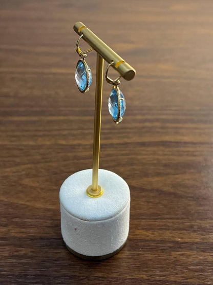 Round Shape Faceted Cut Blue Topaz Diamonds Drop 14K Gold Statement Earrings