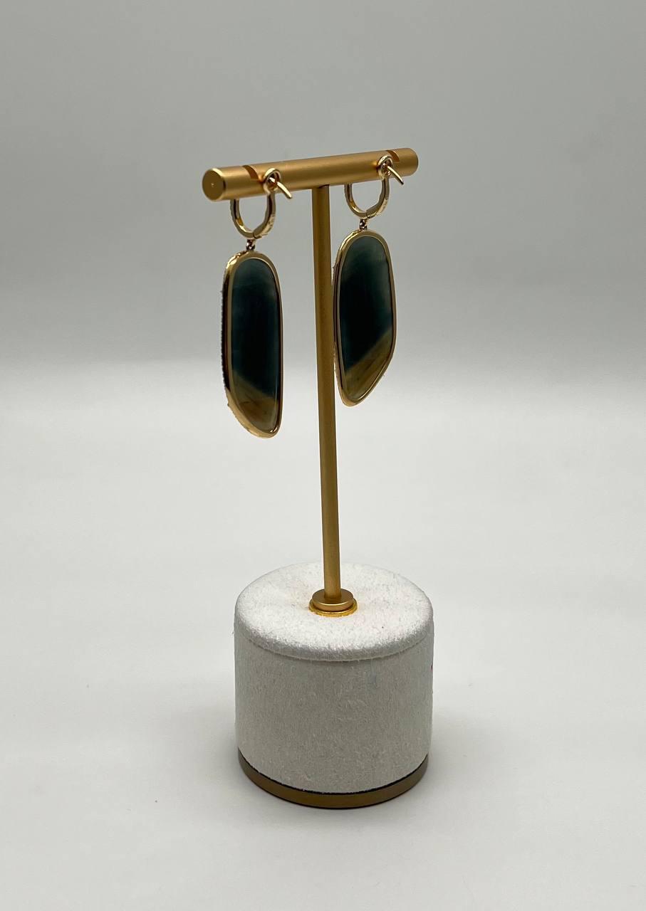 Free Shape Brown Dark Green Sapphire Diamonds 14K Gold Drop Statement Earrings