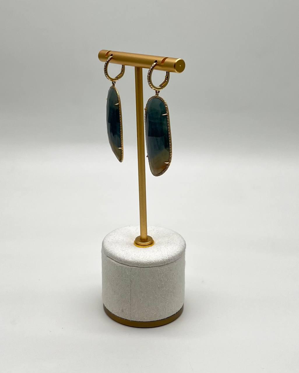 Free Shape Brown Dark Green Sapphire Diamonds 14K Gold Drop Statement Earrings