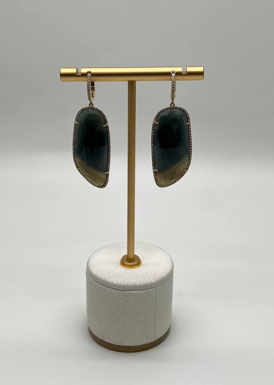 Free Shape Brown Dark Green Sapphire Diamonds 14K Gold Drop Statement Earrings