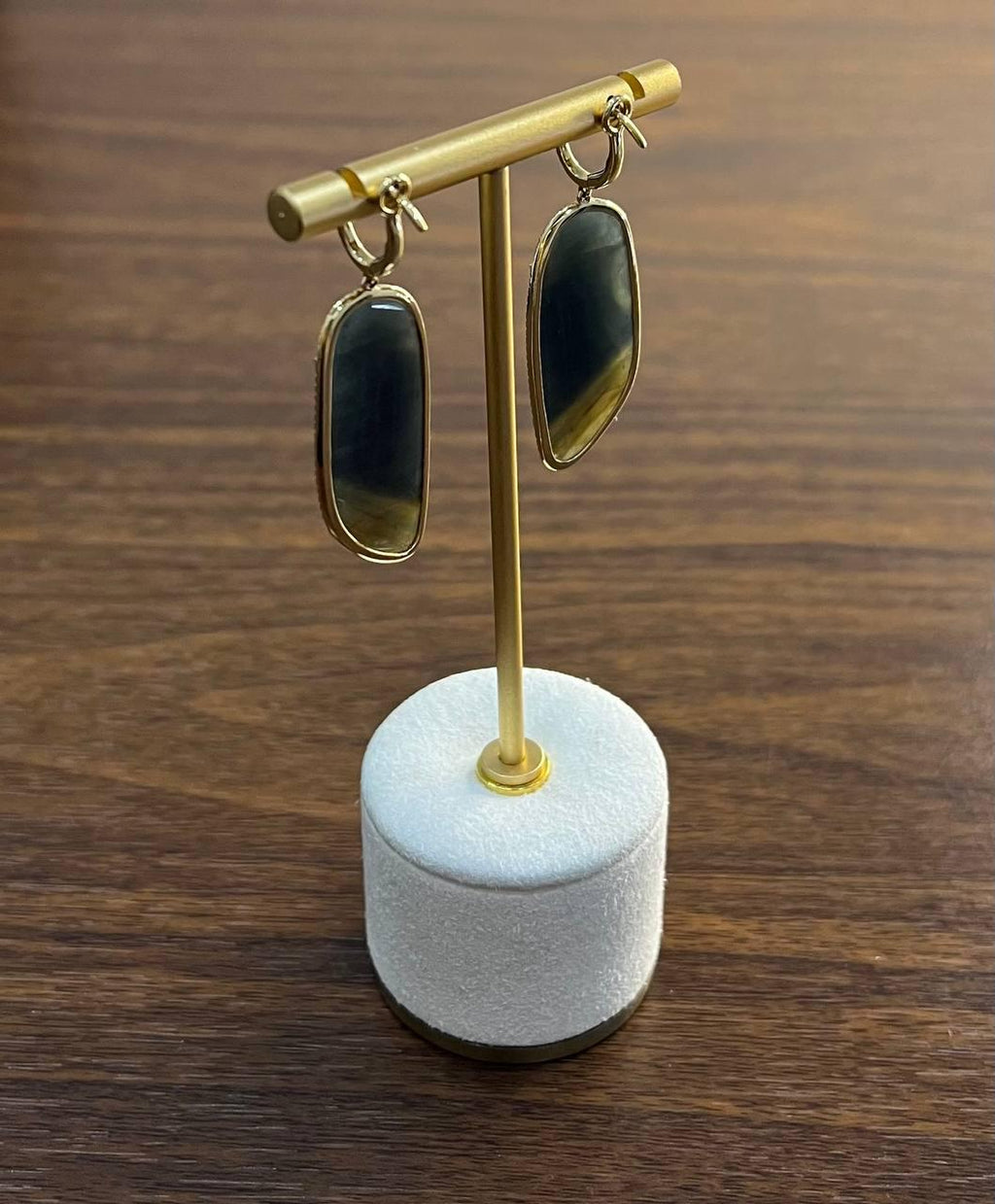 Free Shape Brown Dark Green Sapphire Diamonds 14K Gold Drop Statement Earrings