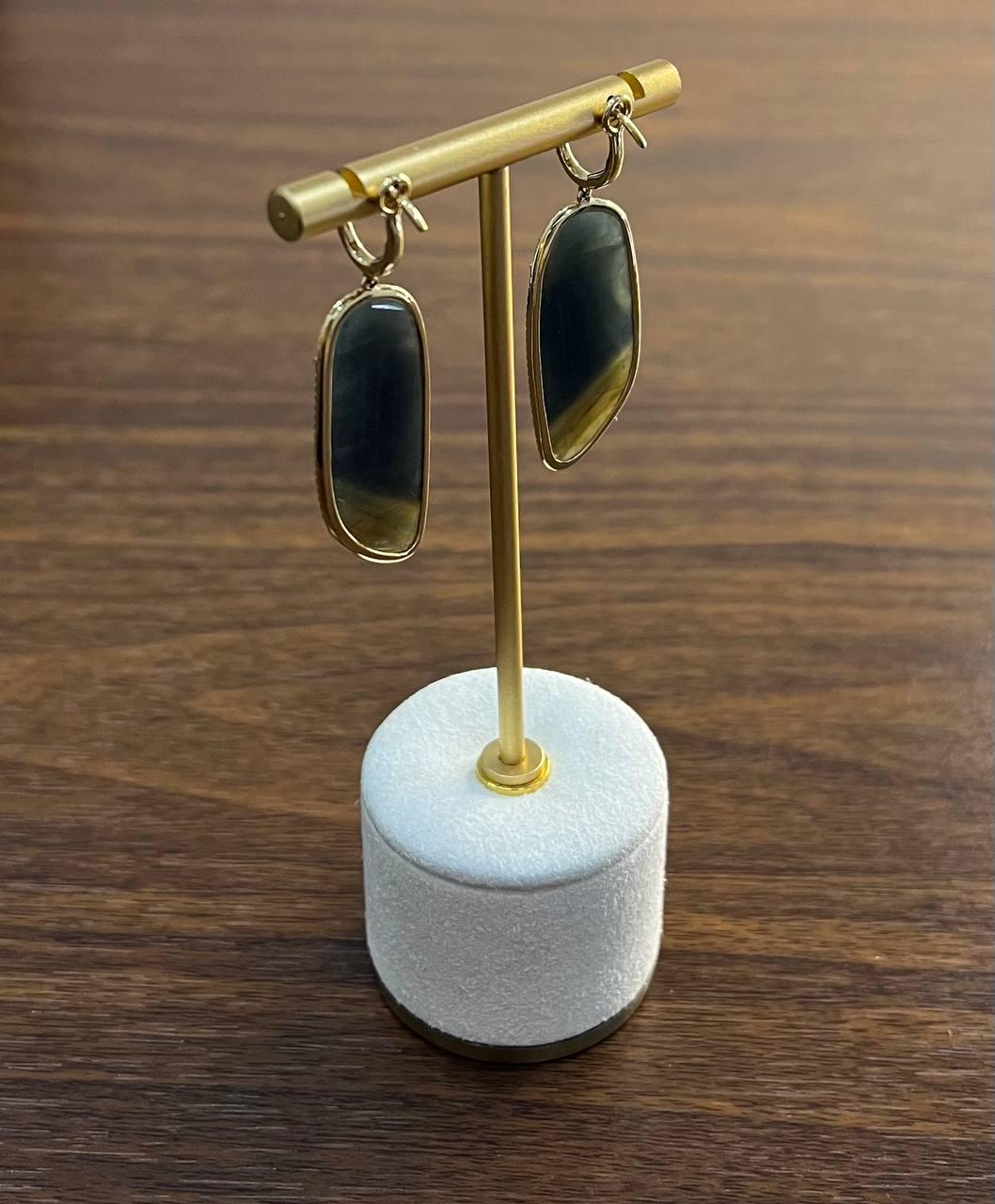 Free Shape Brown Dark Green Sapphire Diamonds 14K Gold Drop Statement Earrings