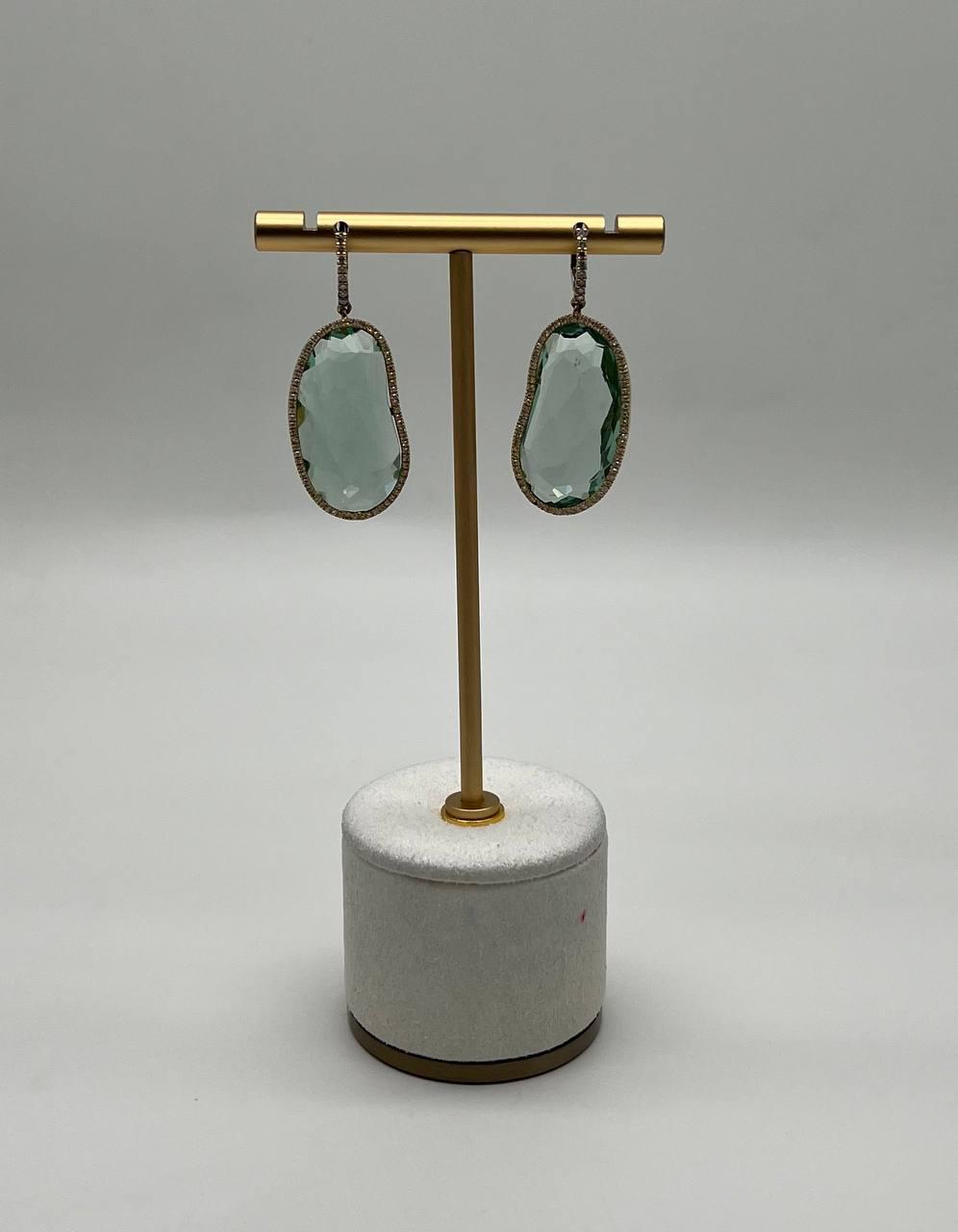 Free Shape Green Amethyst Prasiolite Diamonds Halo Gold Statement Drop Earrings