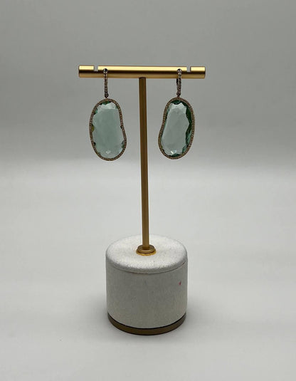 Free Shape Green Amethyst Prasiolite Diamonds Halo Gold Statement Drop Earrings