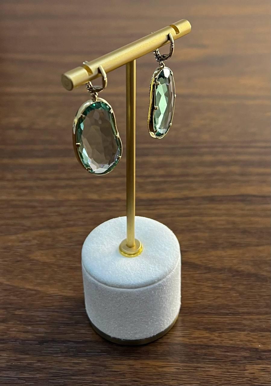 Free Shape Green Amethyst Prasiolite Diamonds Halo Gold Statement Drop Earrings