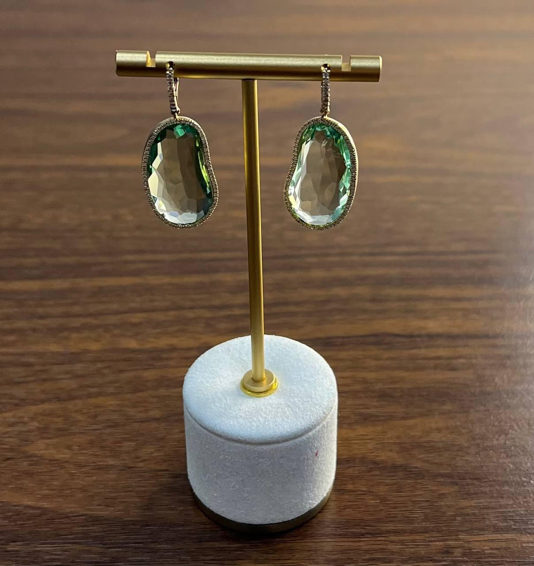 Free Shape Green Amethyst Prasiolite Diamonds Halo Gold Statement Drop Earrings