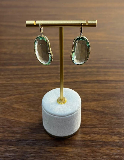 Free Shape Green Amethyst Prasiolite Diamonds Halo Gold Statement Drop Earrings