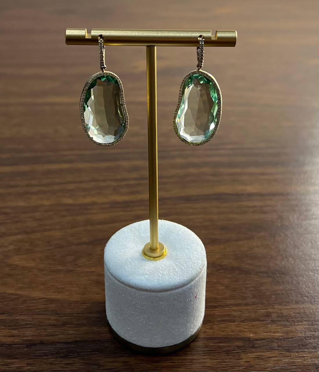 Free Shape Green Amethyst Prasiolite Diamonds Halo Gold Statement Drop Earrings