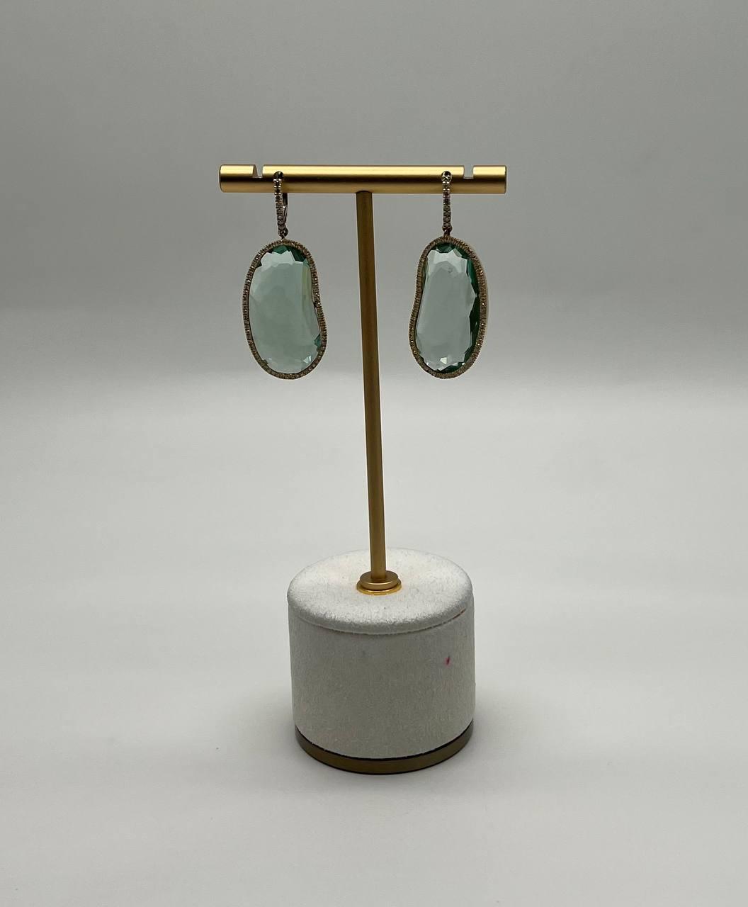 Free Shape Green Amethyst Prasiolite Diamonds Halo Gold Statement Drop Earrings