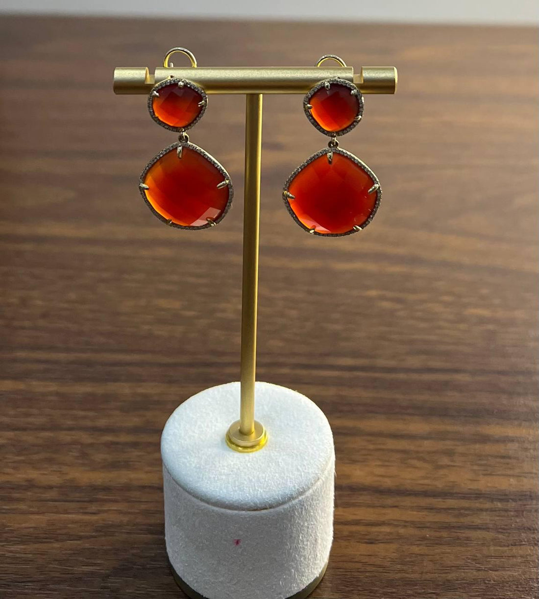 Faceted Cab Orange Red Carnelian Diamond Halo 14K Yellow Gold Statement Earrings
