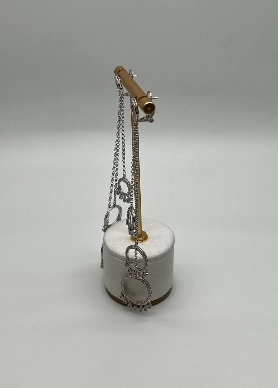 Diamond Circle Chandelier Drop Chain 14K White Gold Statement Drop Earrings