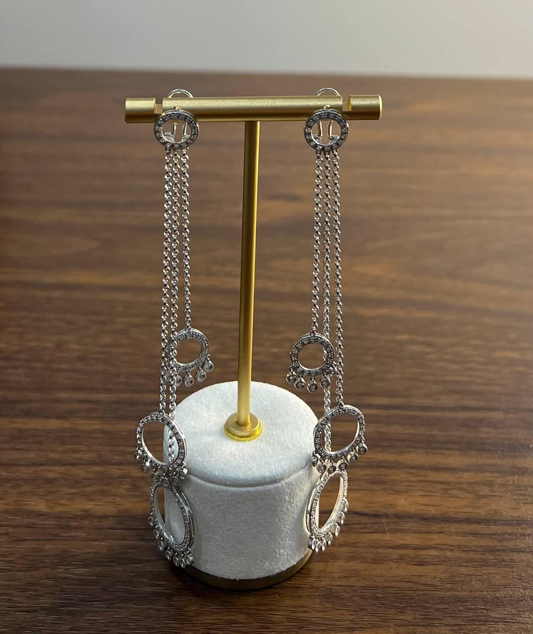 Diamond Circle Chandelier Drop Chain 14K White Gold Statement Drop Earrings